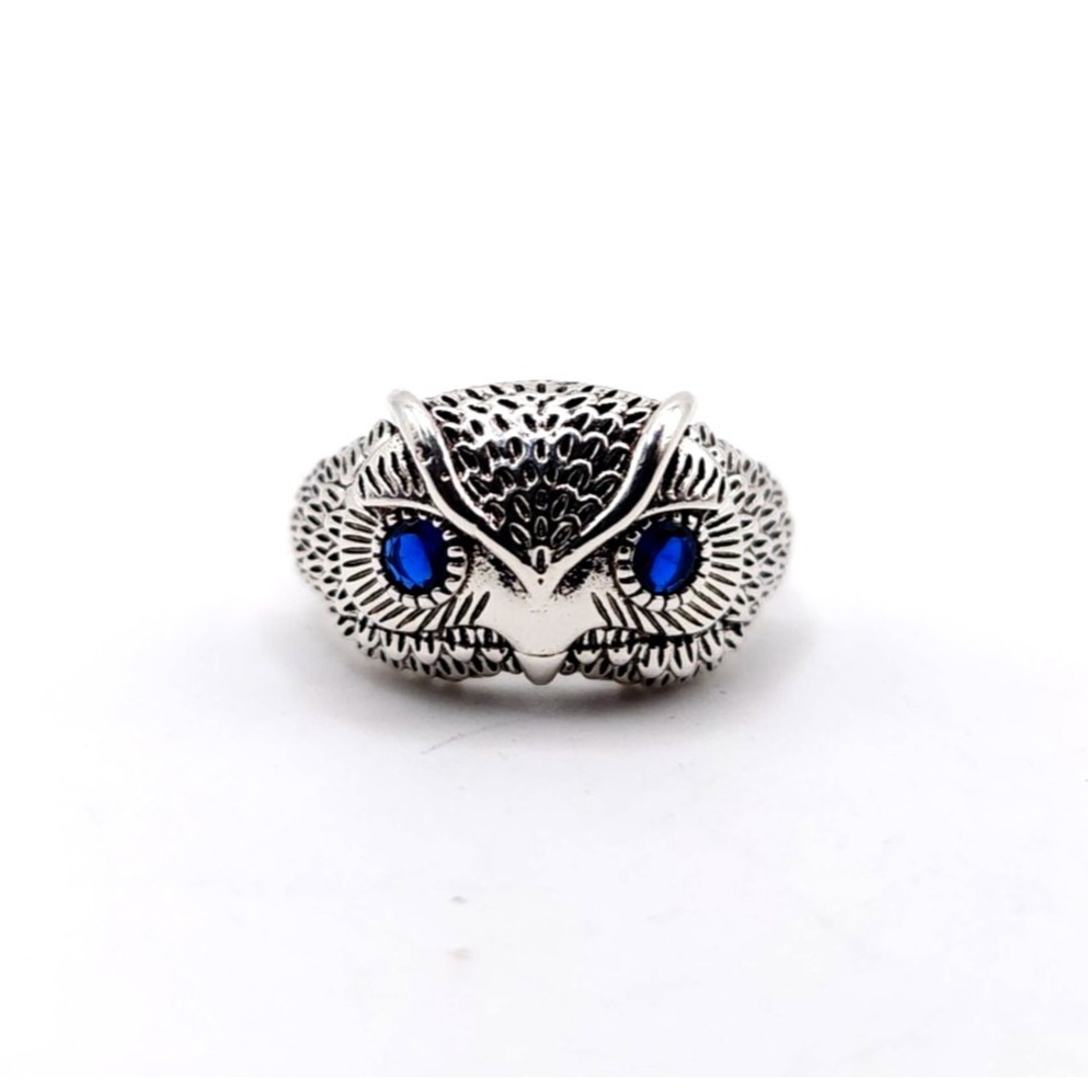 925 Sterling Silver Owl Ring Blue CZ Adjustable‎ Band